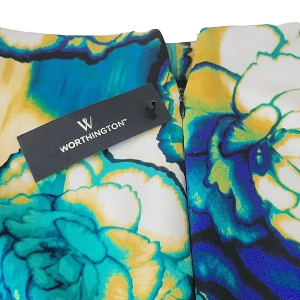 Worthington Julia Teal Floral Patterned Side Zip Pencil Skirt Size 8
